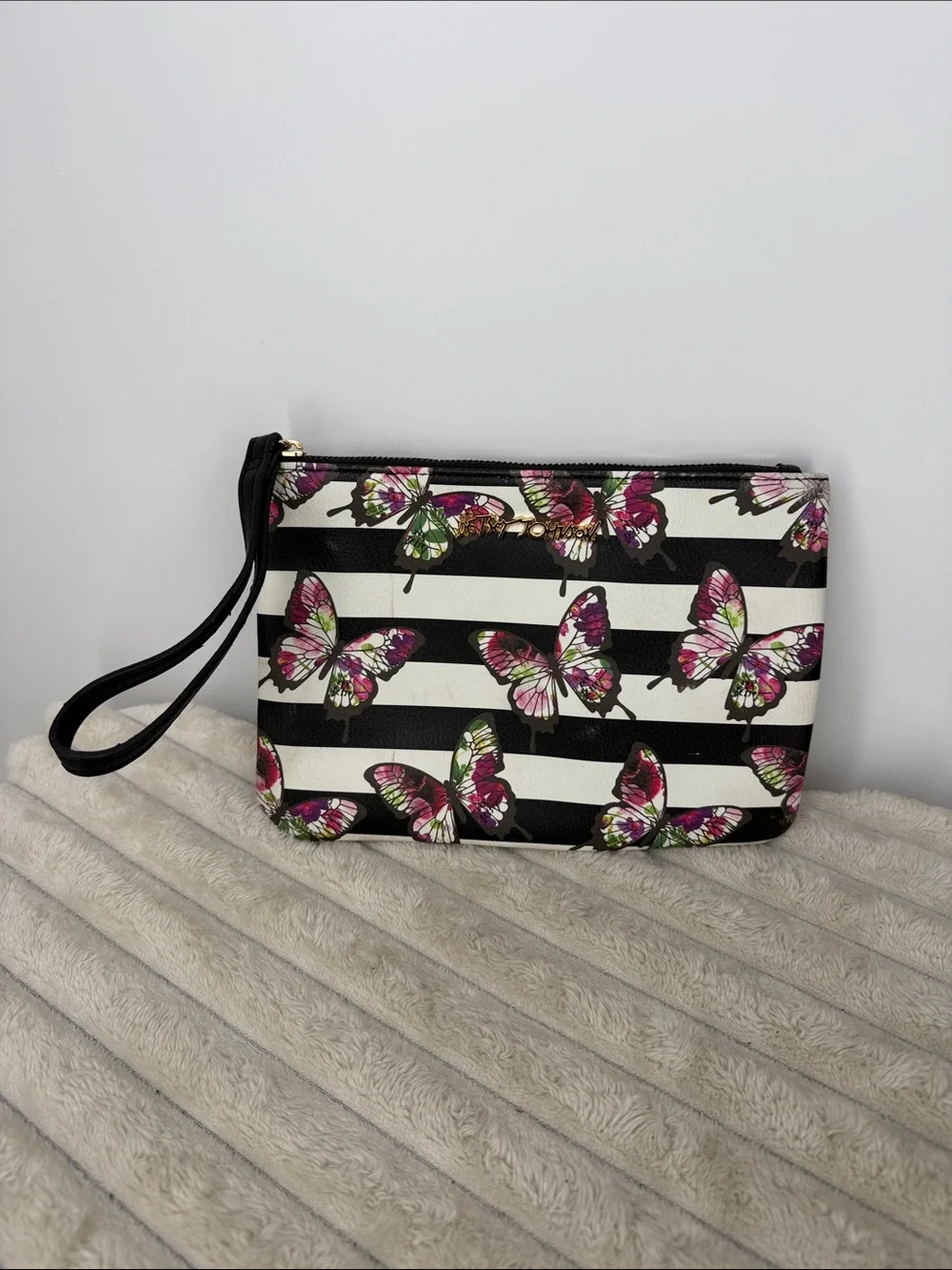 Betsey Johnson Butterfly Stripe Wristlet - Black & White with Pink Accents